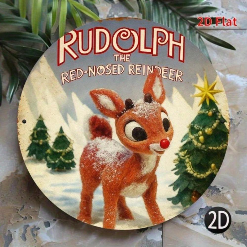 Vintage Rudolph the RedNosed Reindeer Christmas Round Metal Tin Sign  D Flat Products Design with Enhanced Depth  Artistic D 20x20cm(8x8inch)