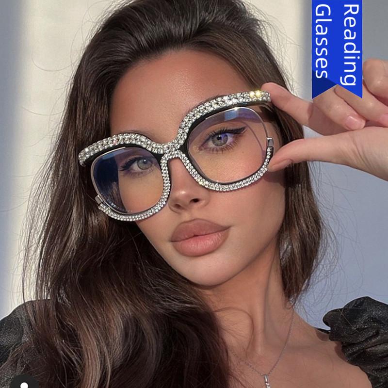 Oversized Square Diamond Frame Reading Glasses Women Anti Blue Light Computer Eyeglasses Custom Degrees Fashion