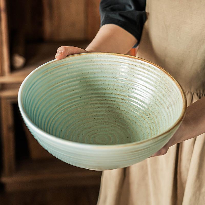 Gradual Change Large Bowl Coarse Pottery Soup Bowl Household Retro Ceramic Bowl Old Ring Pattern Tableware Vegetable Bowl Round Fruit Bowl