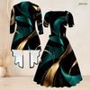 Women Plus Size Black Blue Printed Two Piece Set Square Neck Short Sleeve Tie Waist Flared Dress Long Sleeve Cardigan