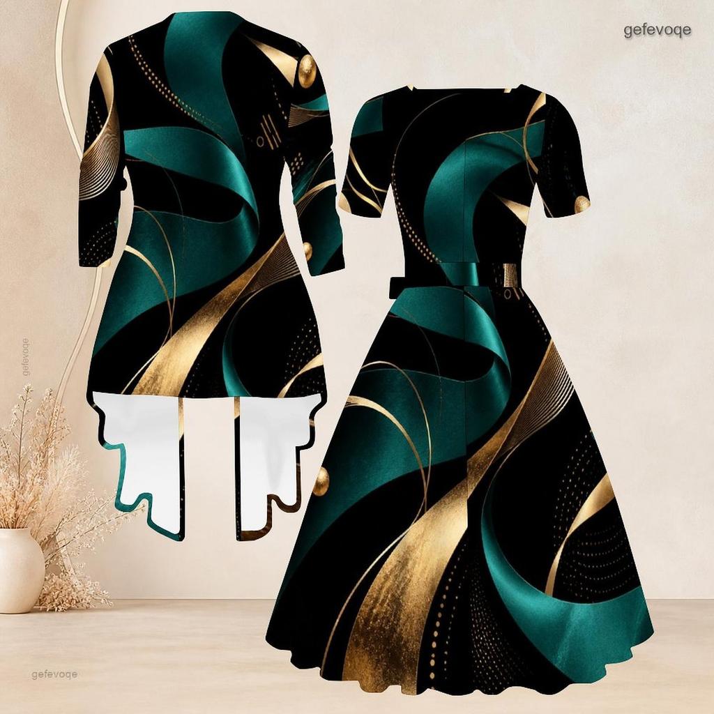 Women Plus Size Black Blue Printed Two Piece Set Square Neck Short Sleeve Tie Waist Flared Dress Long Sleeve Cardigan
