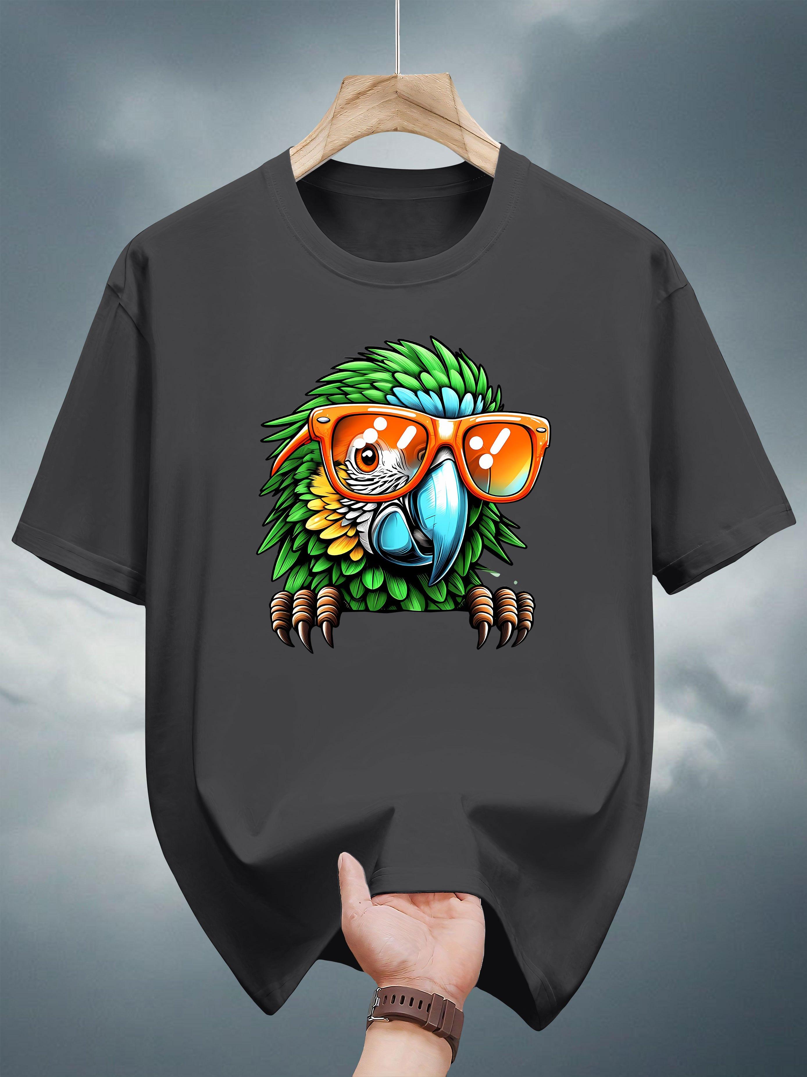 

Heavyweight 200gsm Cotton T-shirt - Navy Blue Crew Neck Tee with Tropical Parrot & Fashion Glasses Graphic - Soft Everyday Summer Shirt for Beach S