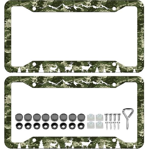 Camouflage Deer License Plate Frames - 2 Pack Mountain Deers Froest License Plate Holder Covers,Stainless Steel Rust-Proof Waterproof Car Decorative Camouflage Deer
