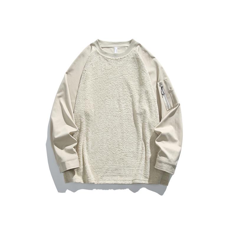 

ACU Men s Cloud Velvet Patchwork Hoodie - Retro Round Neck Pullover for Autumn & Winter L бежевий