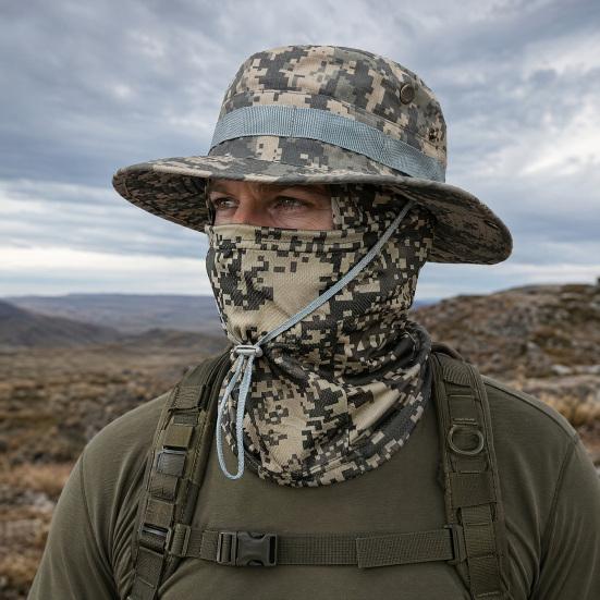 Camouflage Sonnenhut mit Sturmhaube Gesichtsmaske, UV-Schutz Herren Hut mit breiter Krempe, Atmungsaktiver Fischerhut für Outdoor Angeln Wandern Radfahren