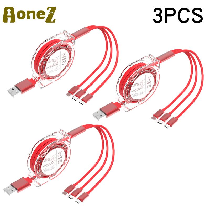3 in 1 Telescopic Charger Cable USB C Fast Charging for IPhone 15 16 17 Samsung S24 Huawei Android Phone Nylon Braided Durable