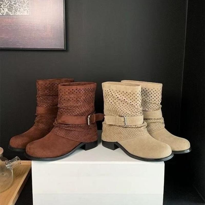 Fashion High Heels Women Hollow Short Boots 2025 New Autumn Fad Buckle Shoes Designer Chelsea Ankle Boots Dress Pumps Zapatillas Mujer