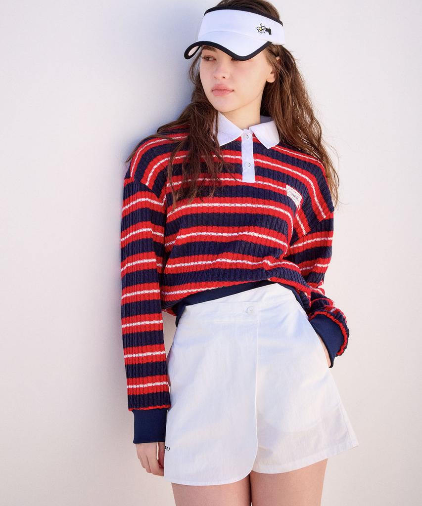 KANDINI Red Blossom Striped Knit Polo Shirt