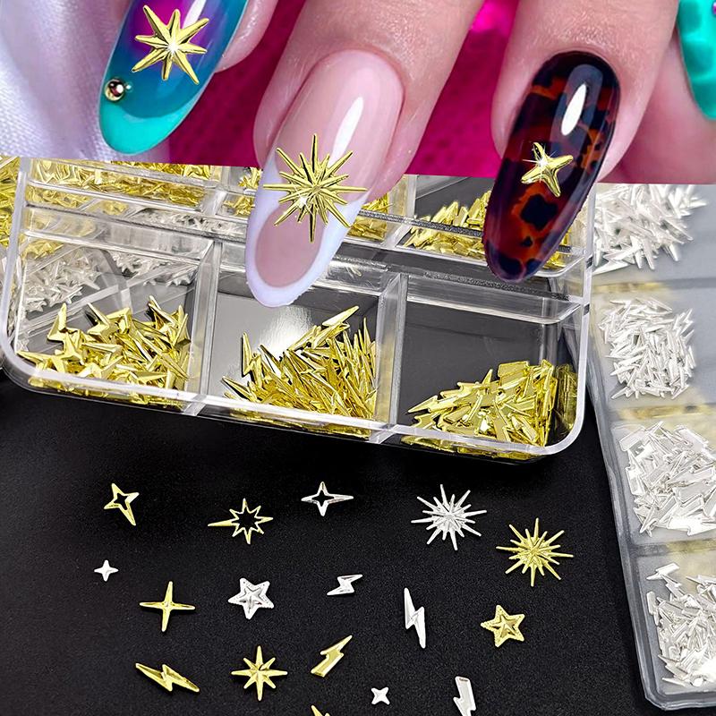 6/12Grids Metal Bow Nail Art Charm Gold Silver 3D Star/Cross Nail Rivet Starlight Nail Decoration Parts Diy Manicure Accessories