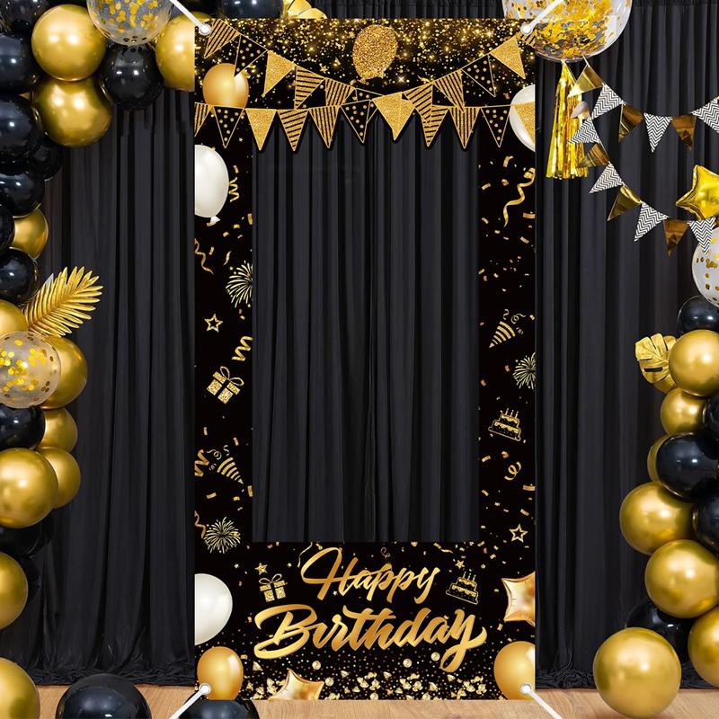 1pc Black Golden Happy Birthday Photo Booth Prop for 30/40/50/60th Milestone Celebrations Birthday Party Decoration Backdrop