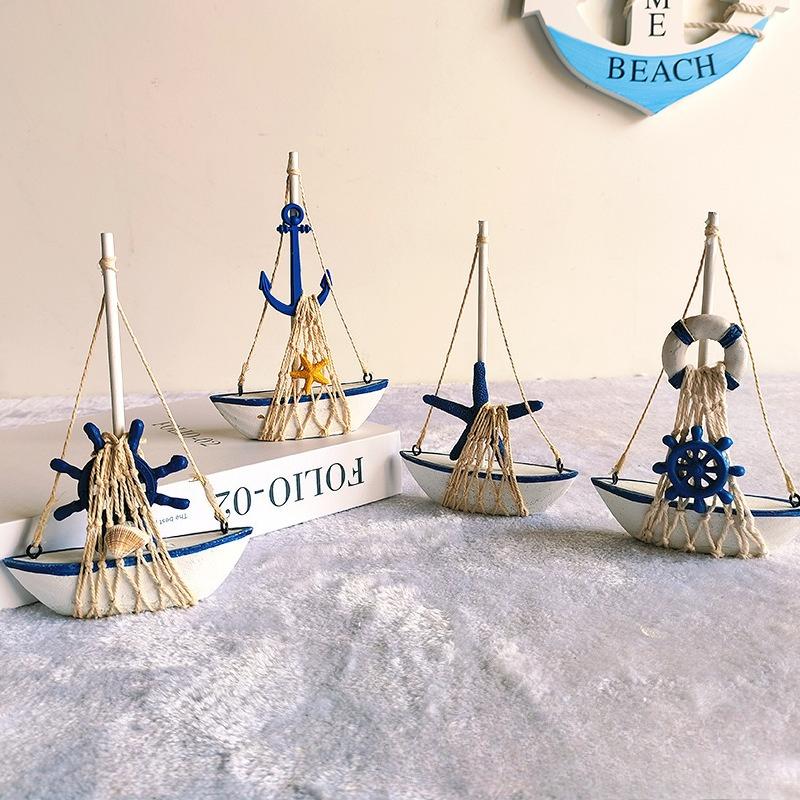 1PC Mini Wooden Sailboat Decorative Ropes and Anchors,Mediterranean-style Commemorative Gift for The Owner's Home Office Desktop