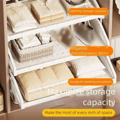 Adjustable Wardrobe Storage Shelves Stackable Design No Drill Holes Sink Bottom Shelves Stretchable Frame Multi-Purpose