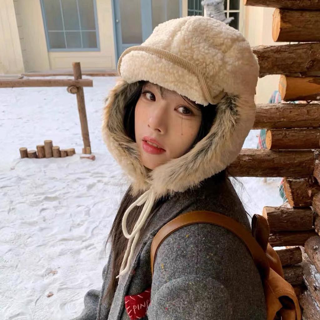 Lamb Wool Fleece Ear Protection Lei Feng Hat Women's Winter Northeast Ski Hat Warm Big Head Circumference Flying Hat