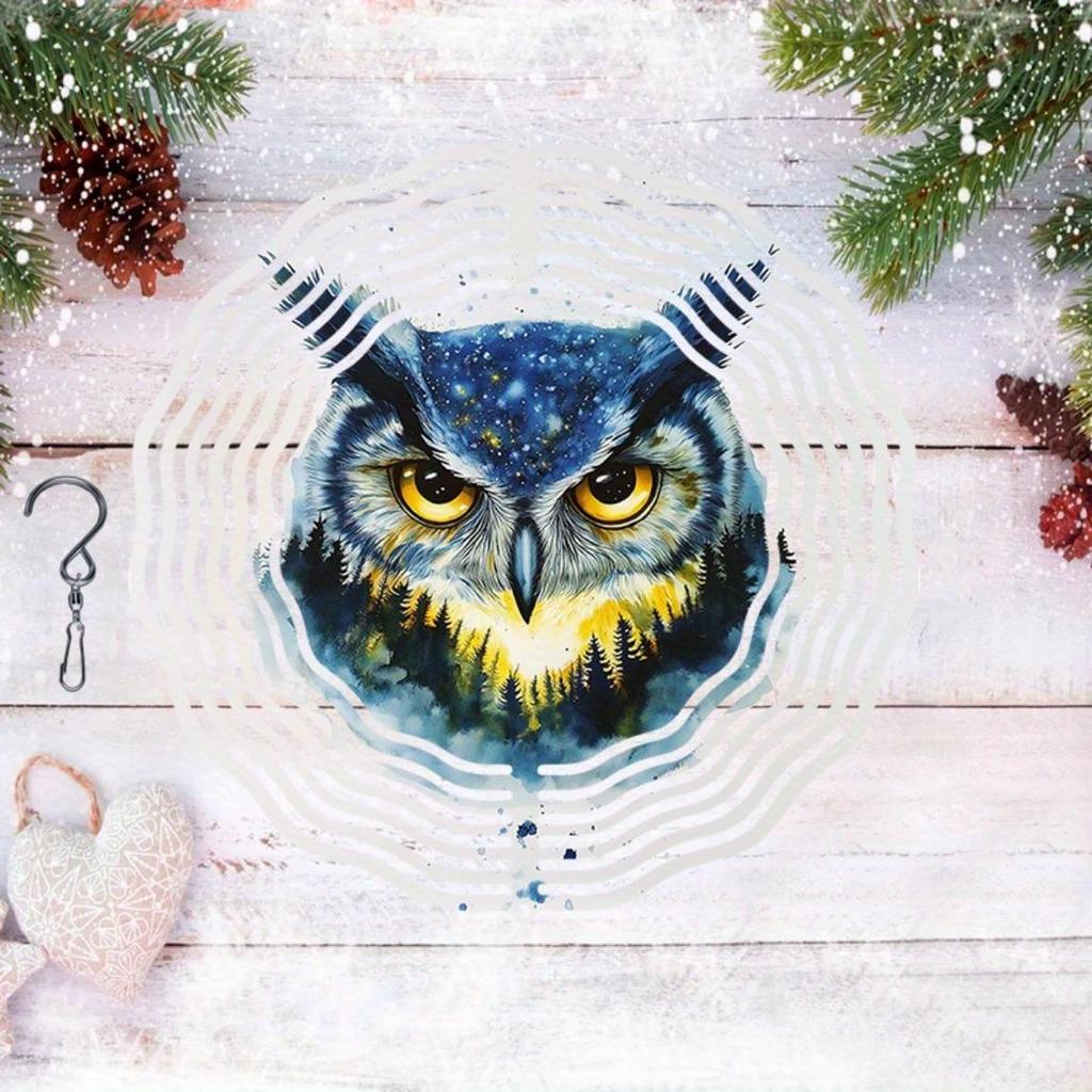 Metal Owl Wind Chime Outdoor Garden Decor with Starry Night Sky Pine Trees Snowflakes Design for Patio Porch Holiday Christmas Decoration