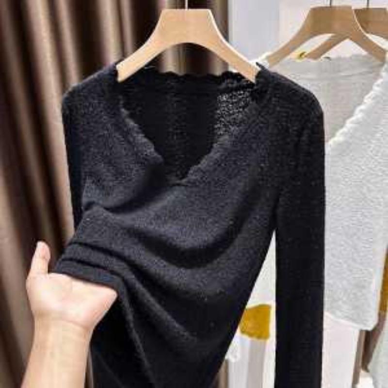 Women's Autumn Winter Soft Fleece V-Neck Lace Trim Long Sleeve Slim Fit Top