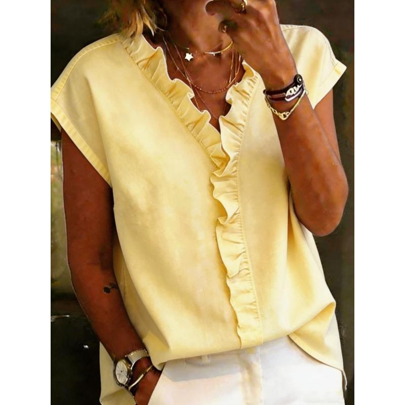 Summer New Temperament Women's Simple Short-sleeved Fungus Solid Color V-neck T-shirt Top