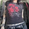 Xingqing Goth y2k Oberteil 2000er Damen Emo Kleidung Herz Totenkopf Print Rundhals Kurzarm T-Shirts Grunge Ästhetik Kleidung