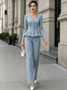 2026 new V-neck linen waist lotus leaf pendulum set European and American commuter long-sleeved two-piece set for women