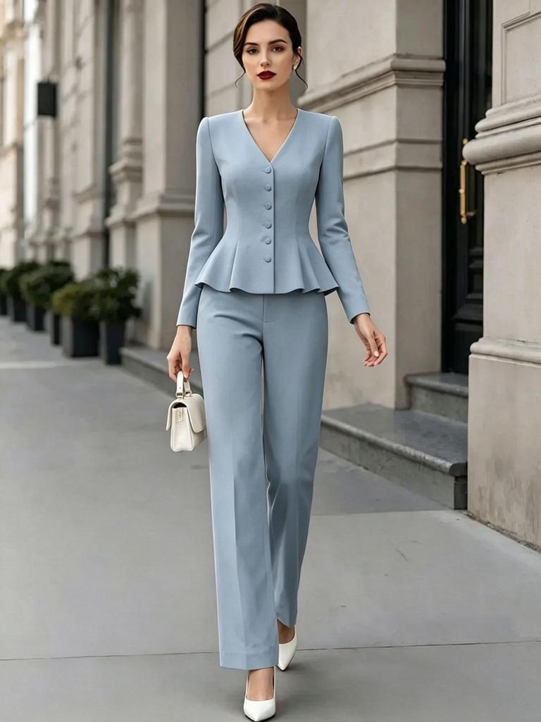 2026 new V-neck linen waist lotus leaf pendulum set European and American commuter long-sleeved two-piece set for women