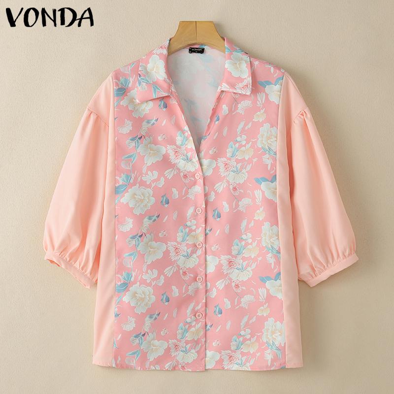 

VONDA Летняя женская блузка с лацканами, цветочным принтом, пэчворком, на пуговицах, в стиле кэжуал XL розовый