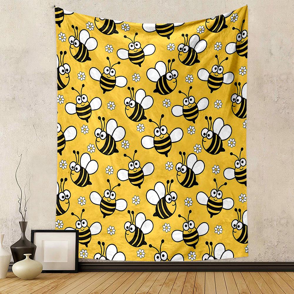 Cute Bumblebee Pattern On Yellow Background Patterned Tapestry Home Decor, Suitable for Bedroom and Living Room, Gift