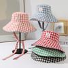 New plaid wide-brimmed lace-up bucket hat women's summer big brim showing face small sun hat sun protection
