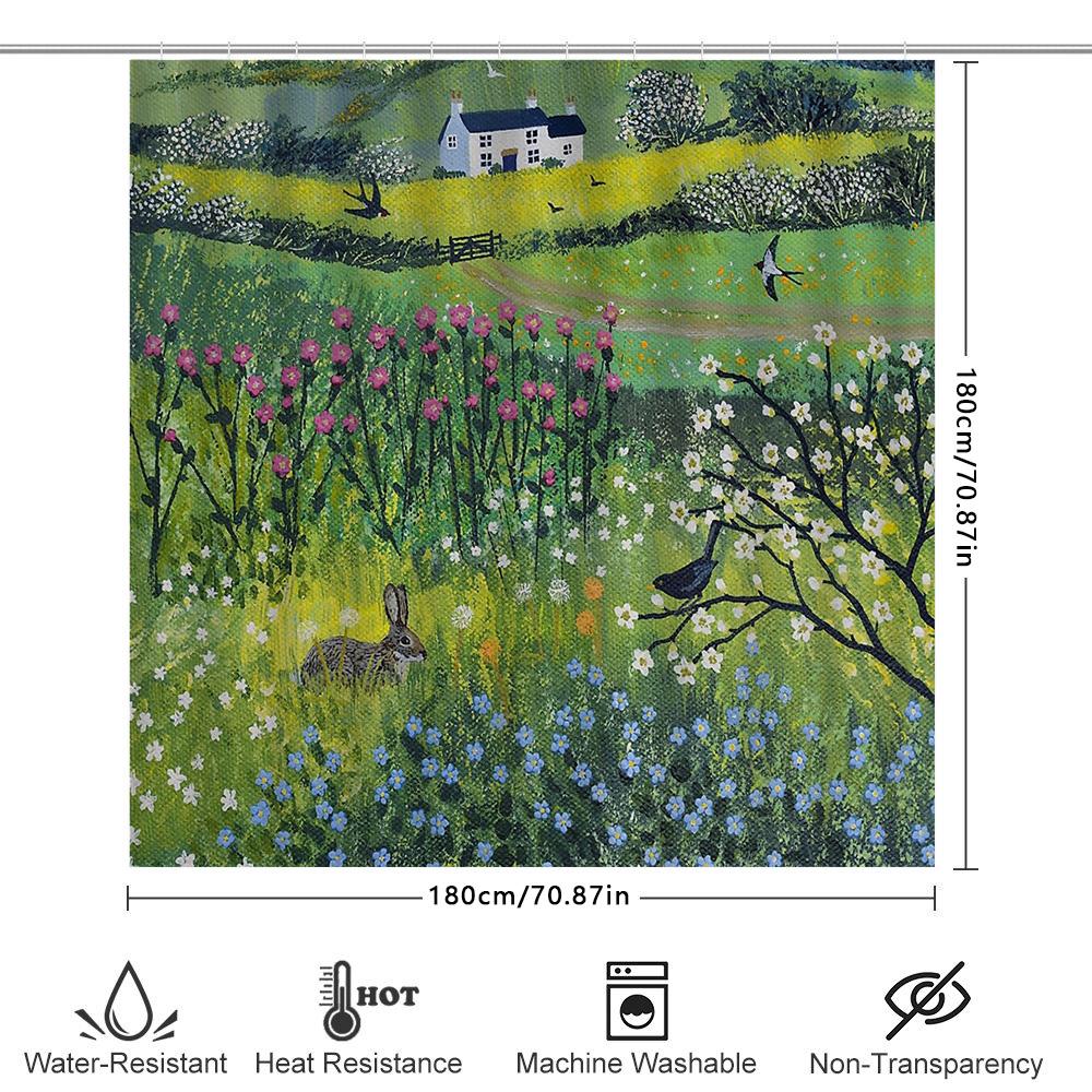 Floral Rabbit Deer Forest Landscape Shower Curtain Vintage Nature Botanical Backdrop Rustic Farmhouse Bathroom Decor