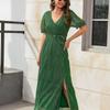 Women V Neck Wrap Maxi Dress Waist Belted Side Slit Pure Color Gold Stamping Short Sleeves Dress