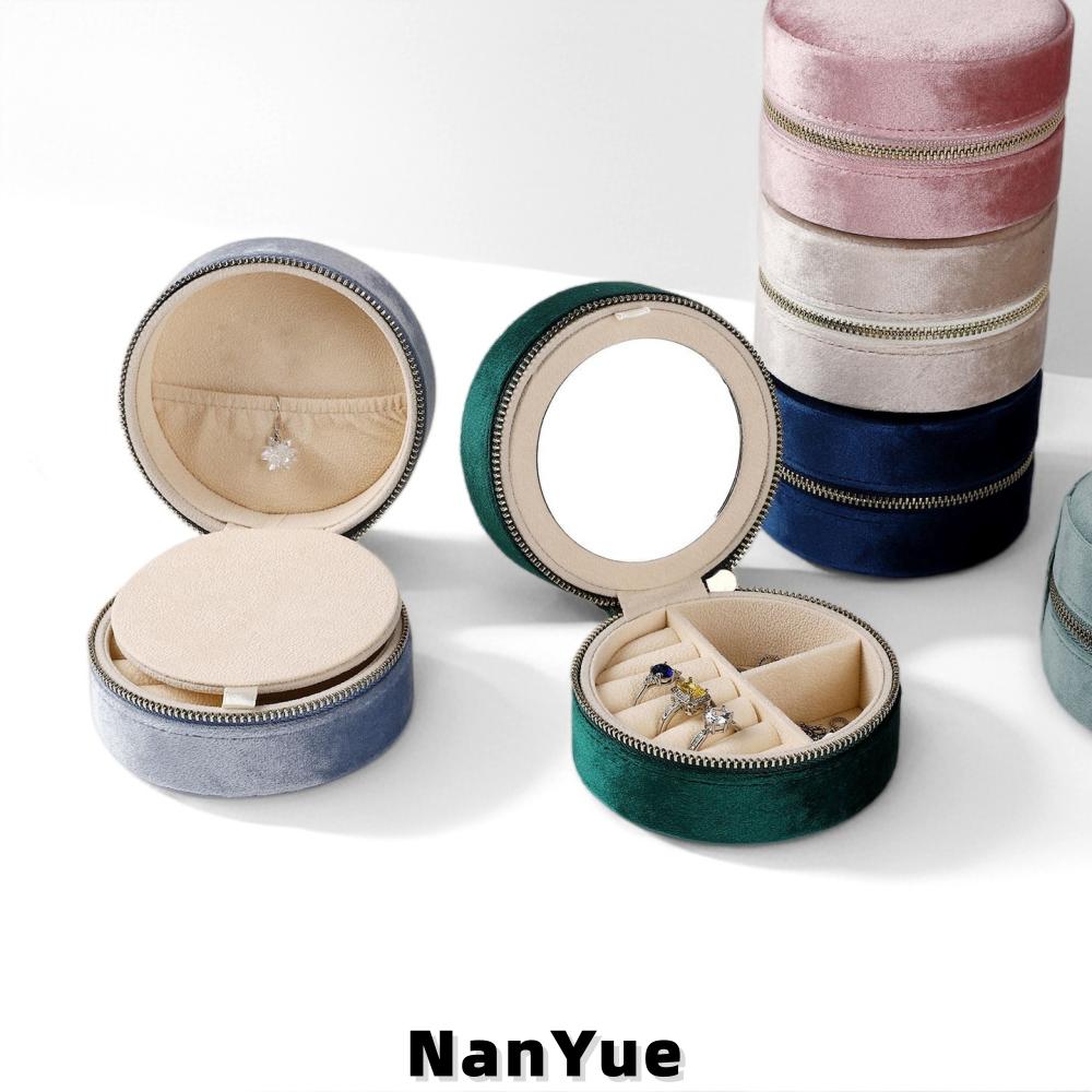Custom Logo Round Velvet Jewelry Box with Mirror Portable Travel Zipper Rings Earrings Necklaces Jewelry Storage Box