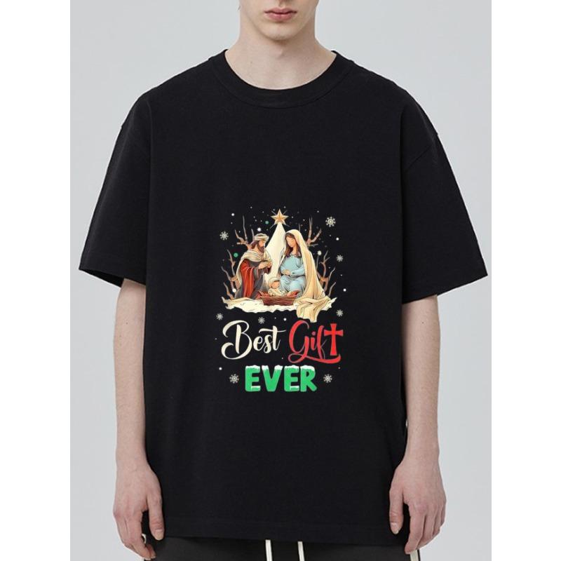 

Christmas T Shirt Black Nativity Scene with Mary Joseph and Baby Jesus Best Gift Ever Text Holiday Party Wear XXXXL чёрный