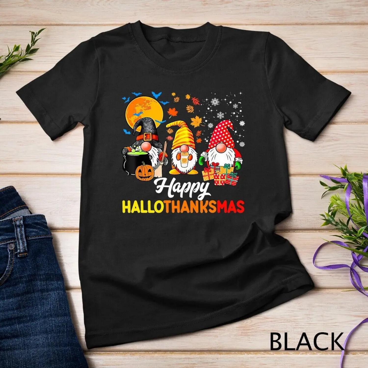 Gnomes Halloween Thanksgiving Christmas Happy Hallothanksmas T shirt S