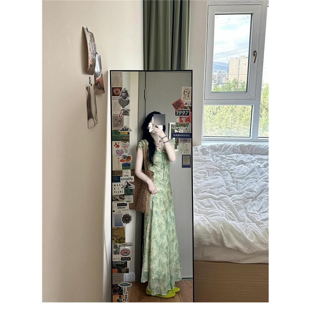 Dívčí nové letní krásné zelené květinové šaty Dětské šaty s krátkým rukávem a pasem