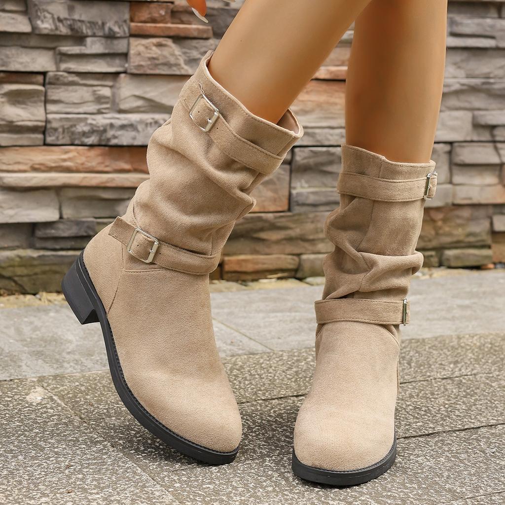 Autumn Women'S New Belt Buckle Suede Boot Large Size Round-Toe Pleated Sleeve Boots Mid-Heeled Knight Women'S Outdoor Boots