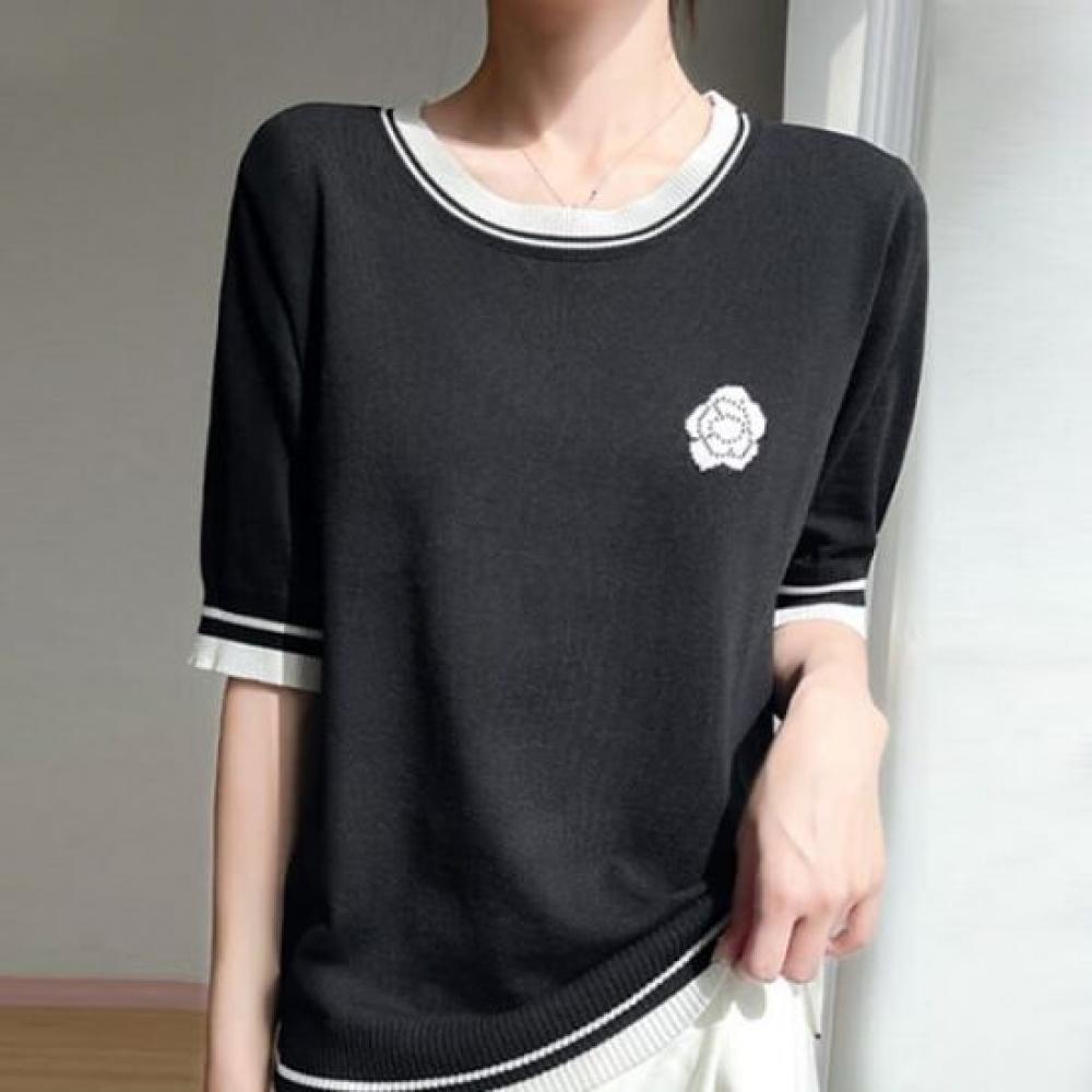 Navava Women Color Block Flower ShorT Sleeve KniT T Nk2929