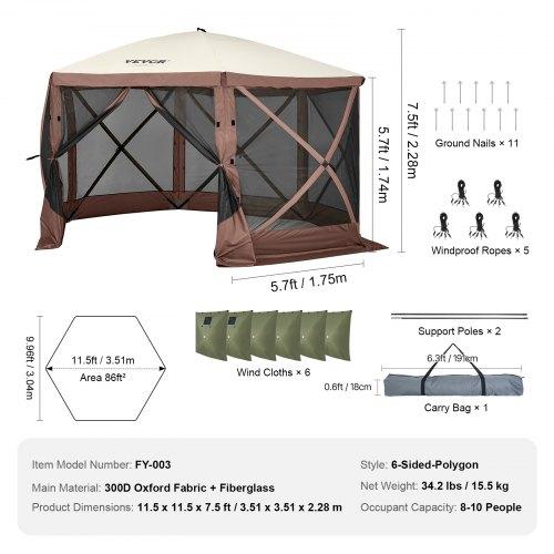 VEVOR Pop Up Gazebo Tent, Pop-Up Screen Tent 6 Sided Canopy Sun Shelter with 6 Removable Privacy Wind Cloths & Mesh Windows