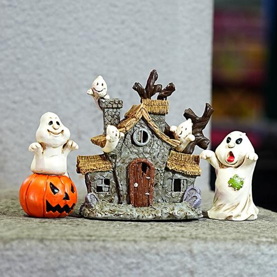 Halloweenská pryskyřičná ozdoba Strašidelný strašidelný dům Hrob Strom Démon Kořen Náhrobní kámen Socha s LED světlem Kreslená dýně Duch Figurka Ozdoba