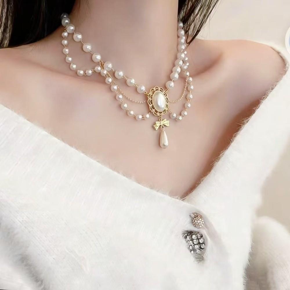 Bowknot Pendant Imitation Pearl Necklace Palace Style Bridal Jewelry Accessories  Gift S