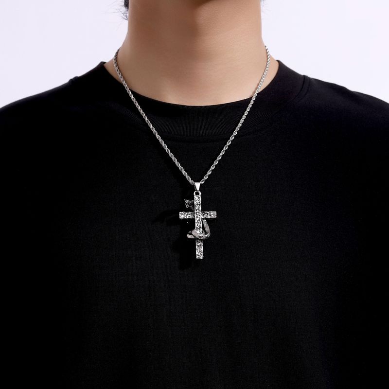 Vintage Ancient Snake Wrapped Cross Ins Retro Europe and America Rap Hip Hop Men and Women Clavicle Chain Stylish Titanium Steel Necklace