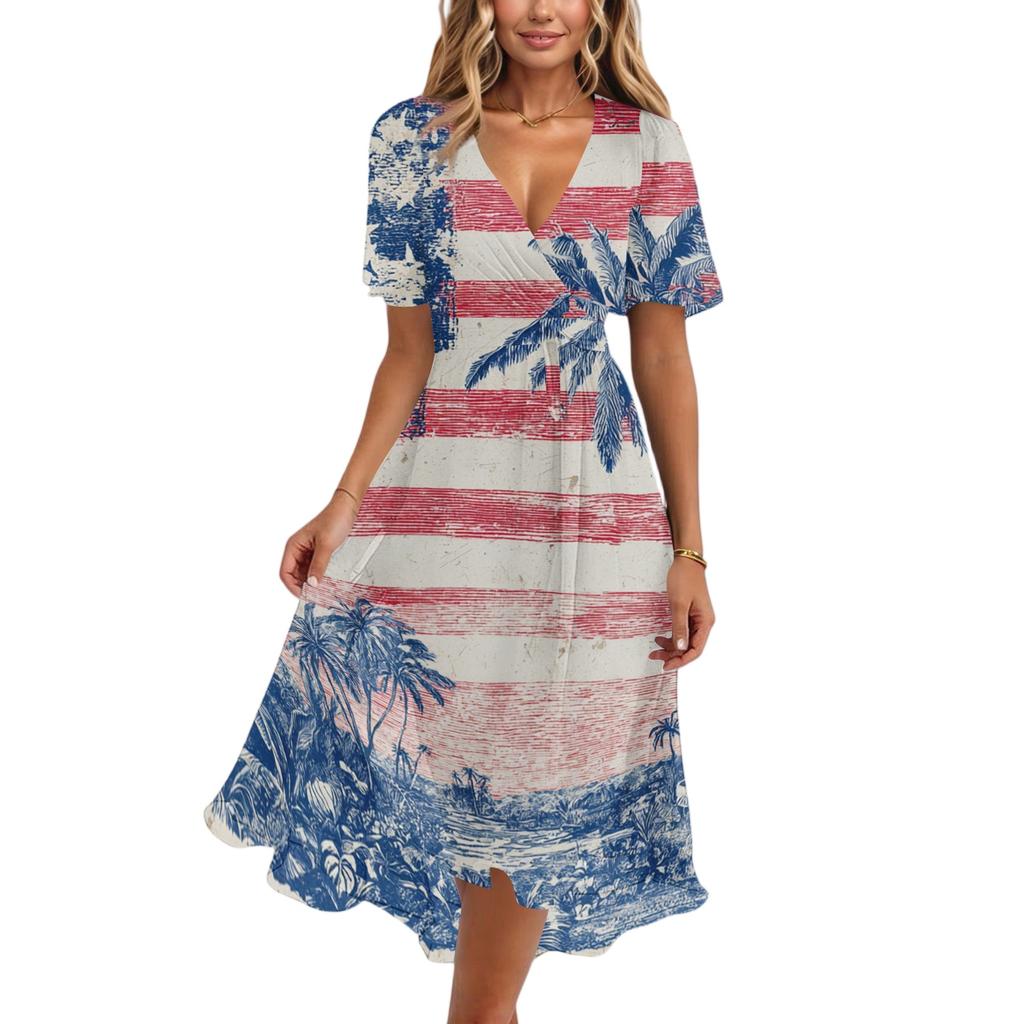 Women's Casual V-Neck Short-Sleeve Independence Day Print Dress