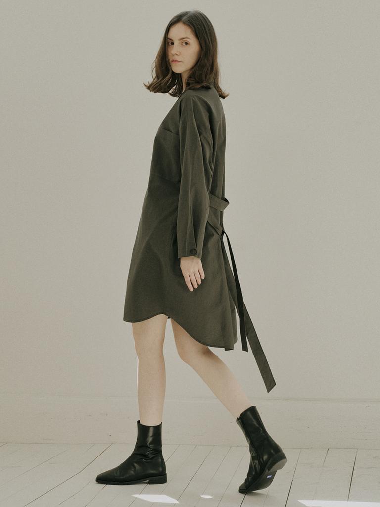 Avang Overfit Shirt Long Sleeve Dress - Khaki