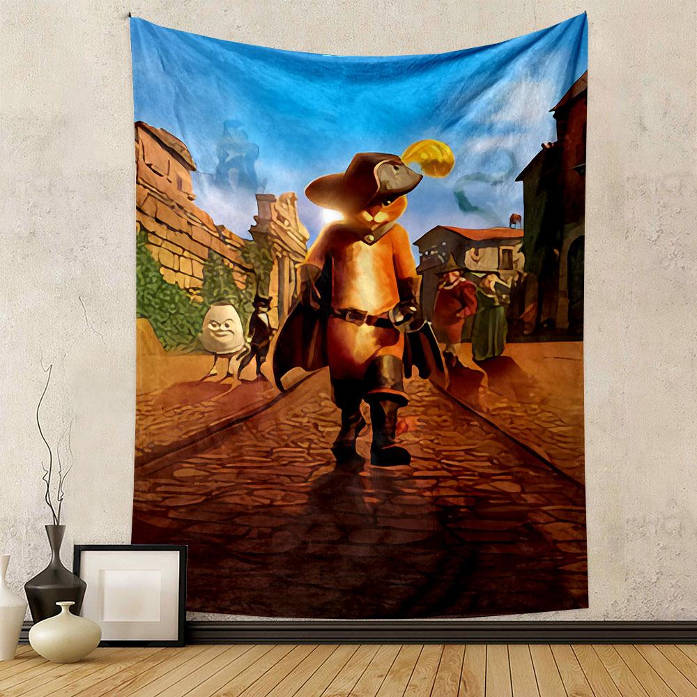 Puss in Boots Tapestry Wall Hanging, DreamWorks Swashbuckling Cat Character Art, Fun Cartoon Wall Decor for Kids Bedroom Game Room