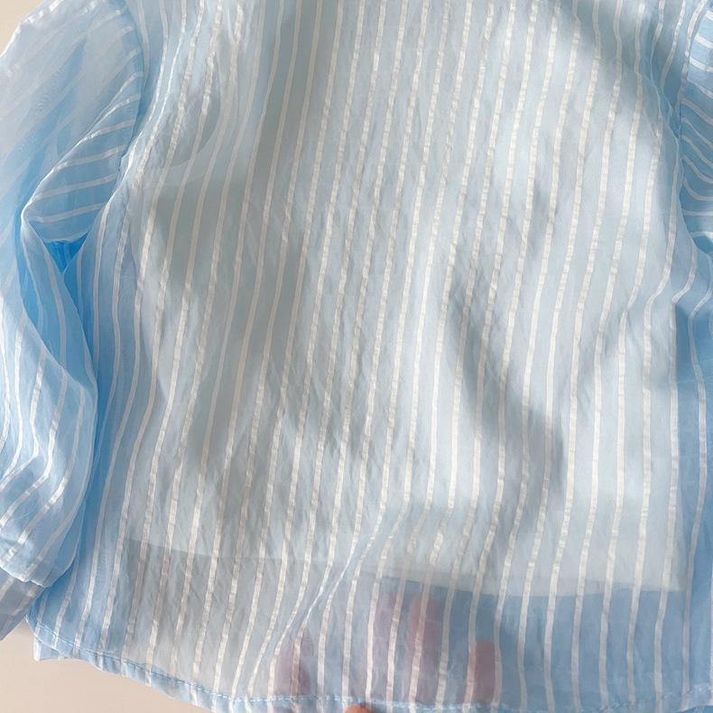 2025 Sommar Vertikalrandig Solskydd Flickors Tredelad Kostym: Långärmad topp, Shorts