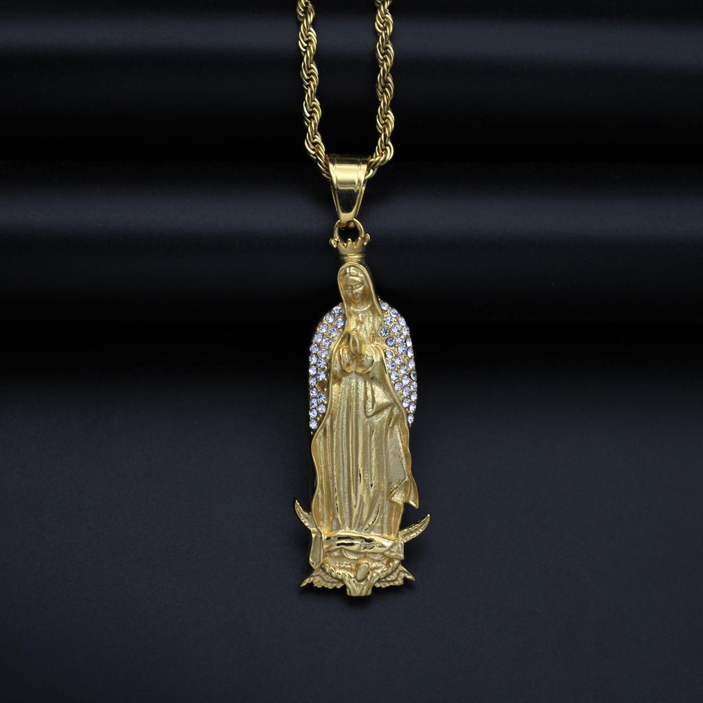Religious Virgin Mary Pendant Amulet Necklace Stainless Steel Christian Jewelry Rhinestone Prayer for Women Collar