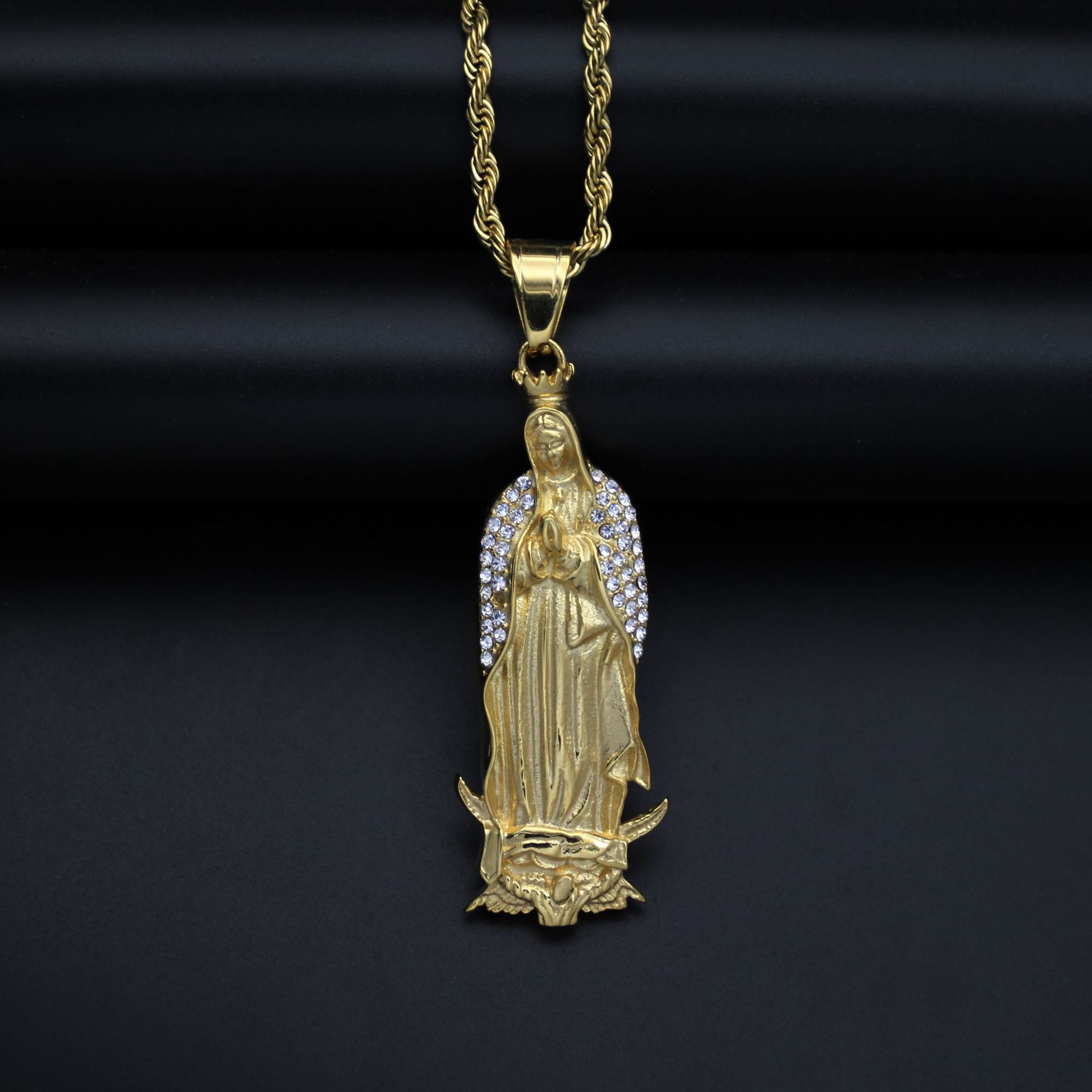 Religious Virgin Mary Pendant Amulet Necklace Stainless Steel Christian Jewelry Rhinestone Prayer for Women Collar 60cm