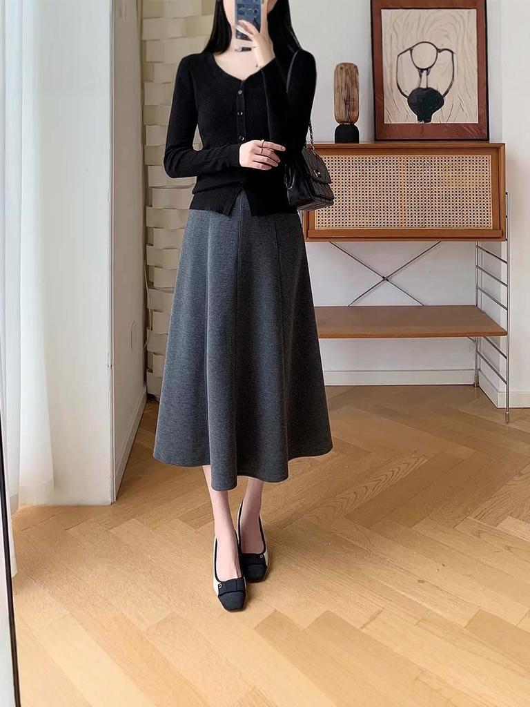 Woolen High-Waisted A-Line Eight-Panel Midi Skirt for Women - Elegant and Versatile for Autumn/Winter