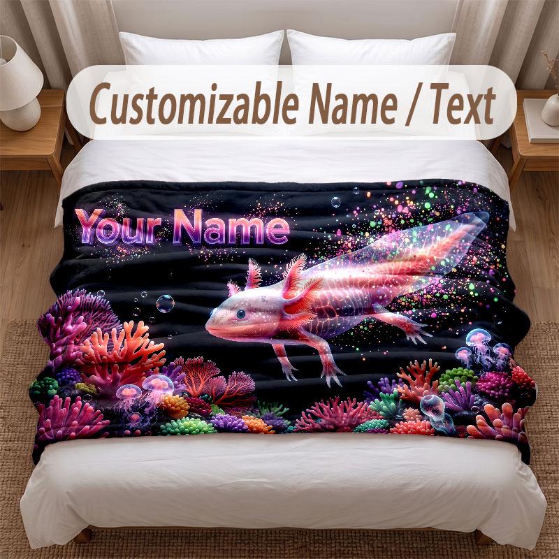 Axolotl Theme Soft Blanket Personalized Custom Name Text Print Warm Blanket Home Sofa Bedroom Decor
