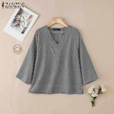 Women Casual V-Neck 3/4 Sleeve Loose Plaid Print Blouse