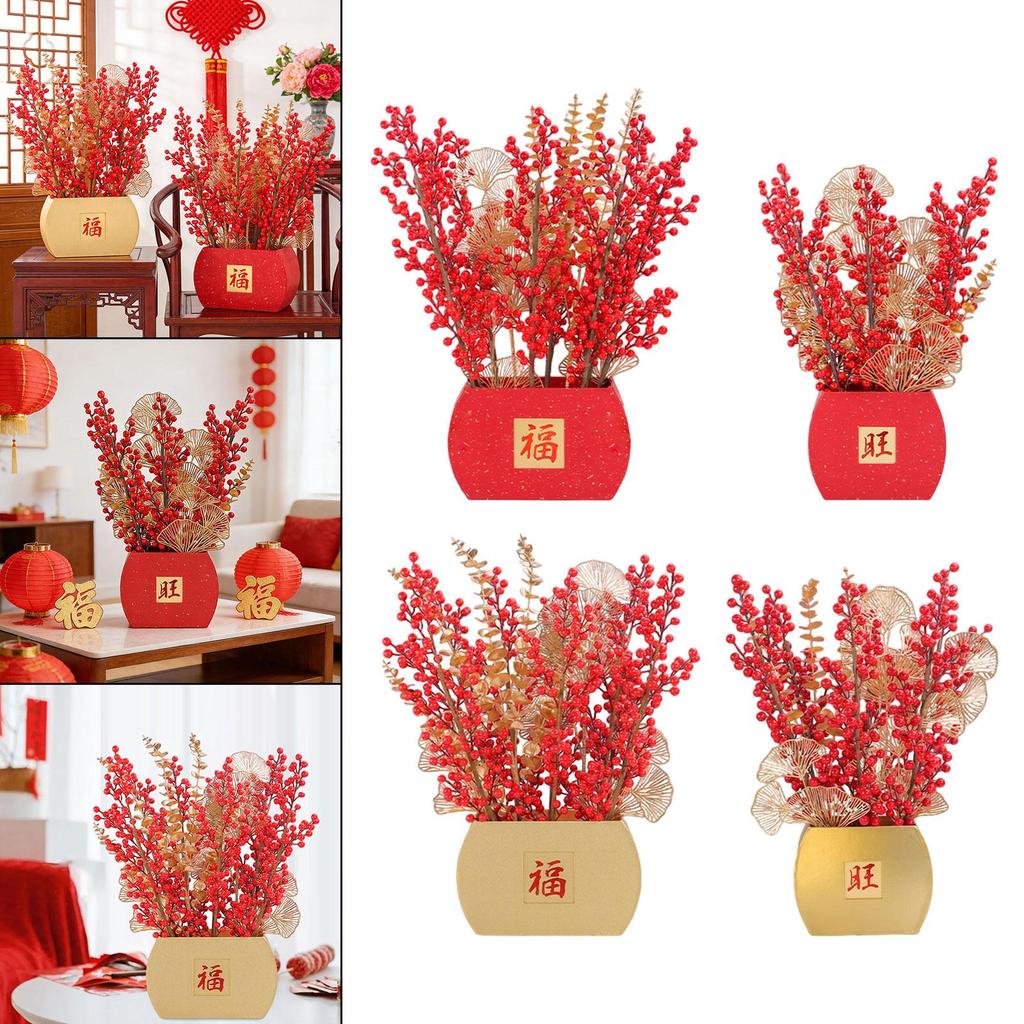 Artificial Flower Blessing Bucket Red Fruit Gold Leaves Potted Plant Tabletop Arrangement for Spring Festival Home Decor