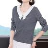 Casual Fashion Striped Printing T-shirt Spring Autumn Long Sleeve Peter Pan Collar V-Neck Loose Tops Ladies
