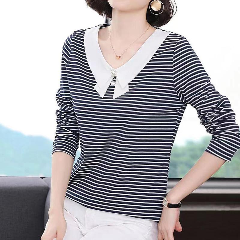 Casual Fashion Striped Printing T-shirt Spring Autumn Long Sleeve Peter Pan Collar V-Neck Loose Tops Ladies